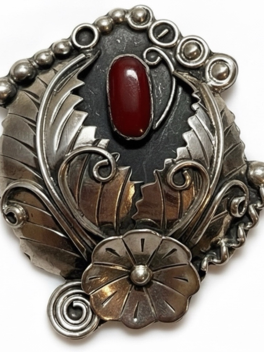 Handcrafted 950 Sterling Silver Pendant  with Coral  Stone